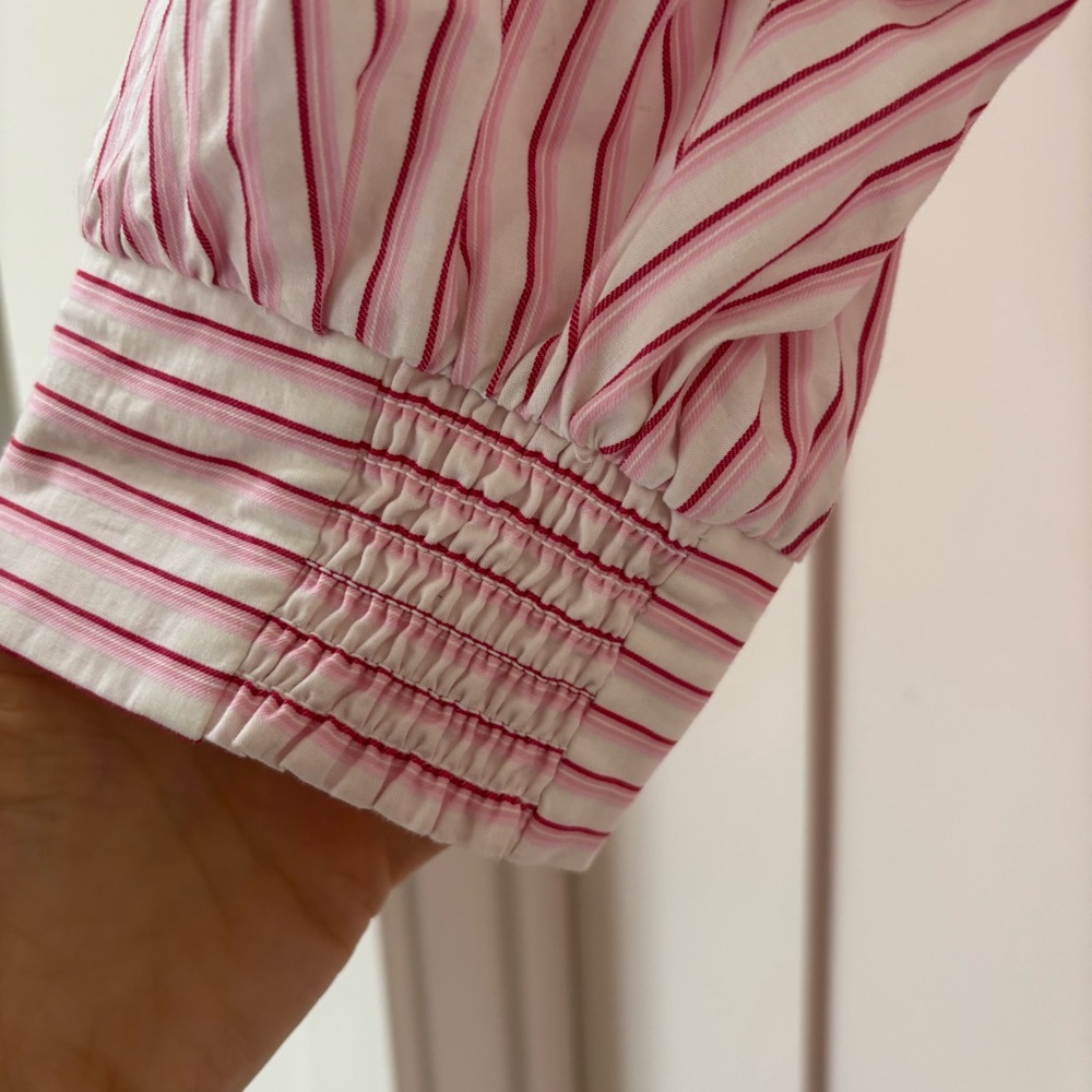 NWOT Maeve Anthropologie Fitted Ruched Mini Shirt Dress Pink Striped M - Picture 6 of 9